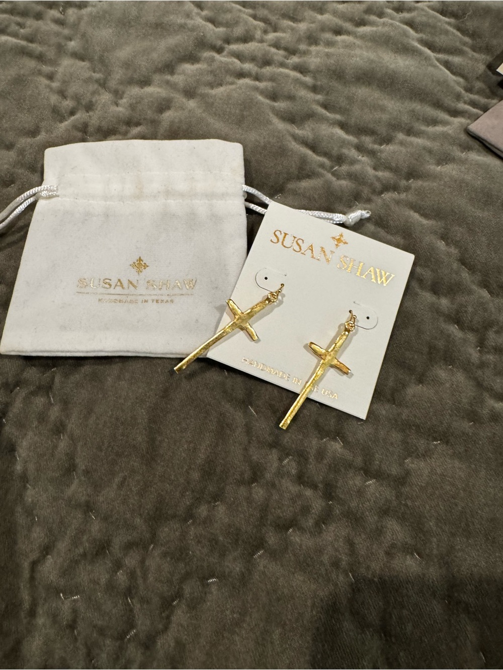 Gold Cross Drop Earrings - Gold. SUSAN SHAW. NEW